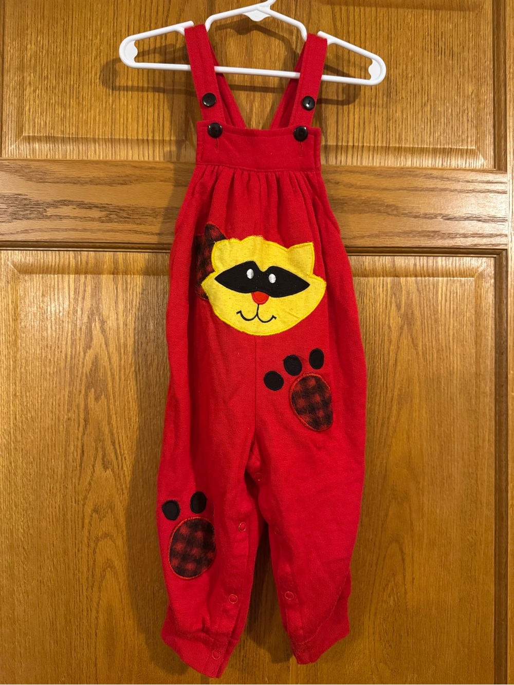 Vintage Sears 24M Red Raccoon Applique Overalls Plaid Retro Baby